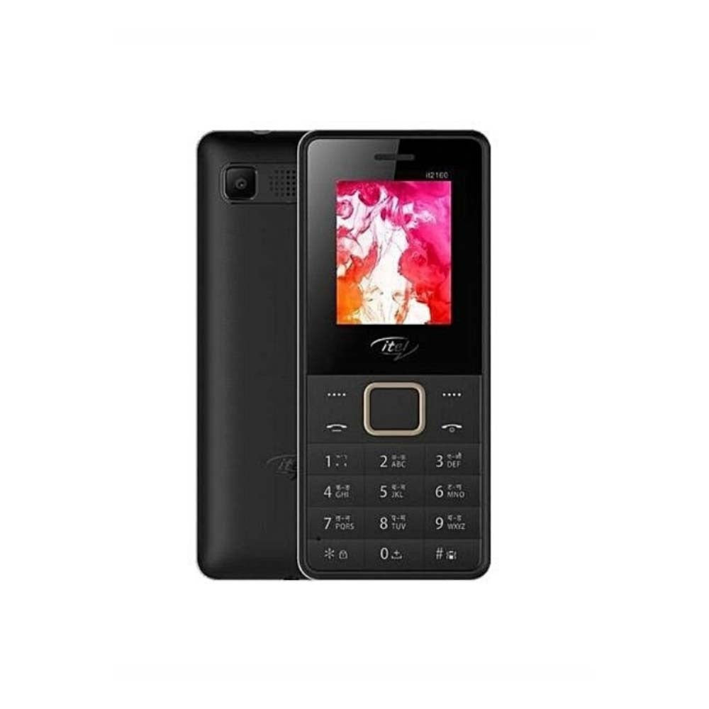 itel 2160 feature phone displayed from the front and back, showing the screen, keypad, and camera.